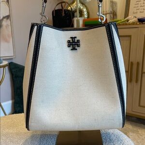 Tory Burch Ivory Canvas Bucket Bag with Black Trim